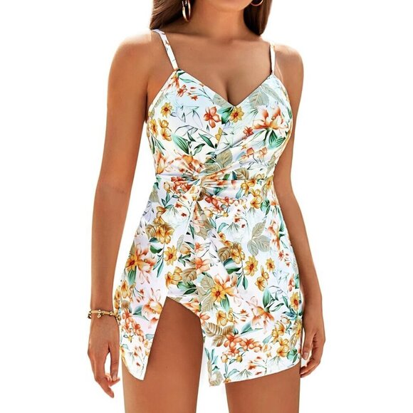 ⭐ Women's One Piece V Neck White & Yellow Bathing Suit Vacation Swimdress - Picture 1 of 5
